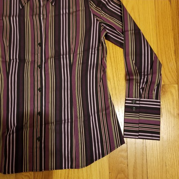 New York & Co. Stretch L/S V-Neck Button Up Striped Shirt Purple Womens Sz Large - Picture 6 of 10